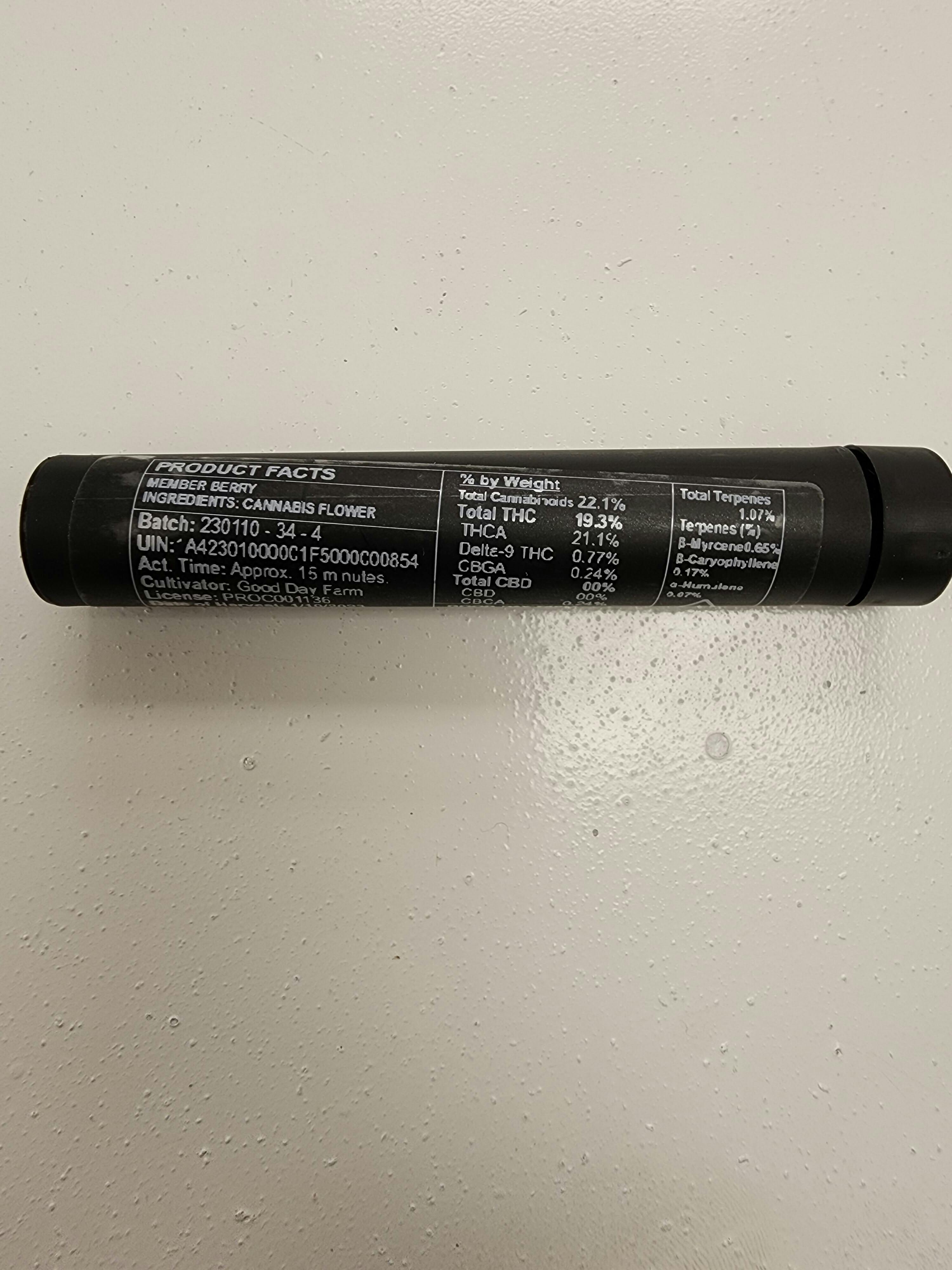 Pre-Rolls - 1g - Member Berry - 19.3% - 1.07% - H11 - 0854- F-5