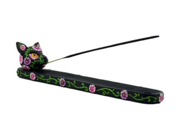 Day of the Dead Cat Incense Burner - 10" - Black