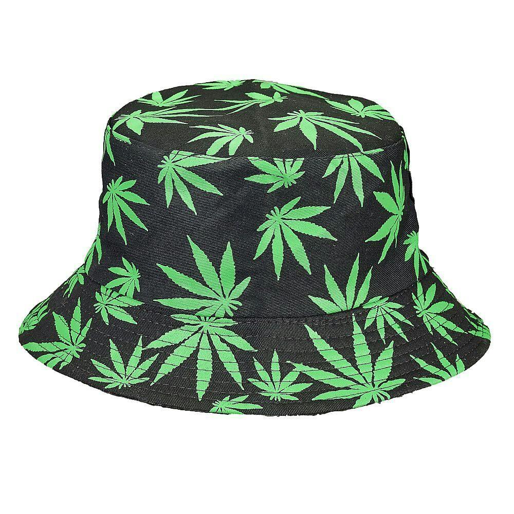 Bucket Hat w/ Hemp Leaf Print - black w/ green leaves