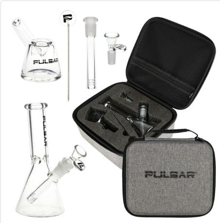 Pulsar Slant Neck Beaker Glass Water Pipe Zippered Case Travel Kit - 7" / Clear