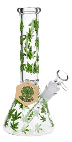 SeshGear Green Leaf Beaker Glass Water Pipe - 9.75" / 14mm F