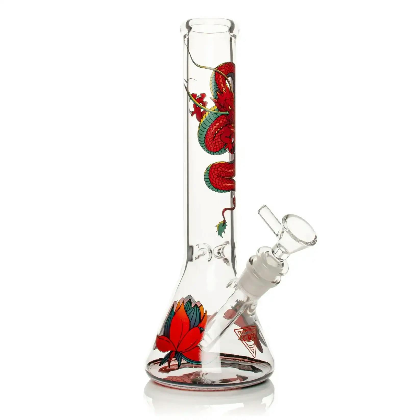 Red Eye Glass 10" Tall Yin-Yang Dragon Beaker Base Water Pipe