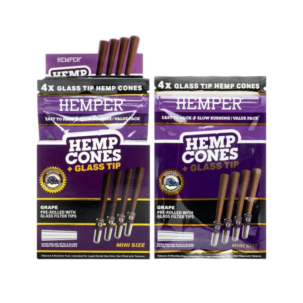 Hemper Pre-Rolled 4pk Mini Size Hemp Cones + Glass Tip - Grape