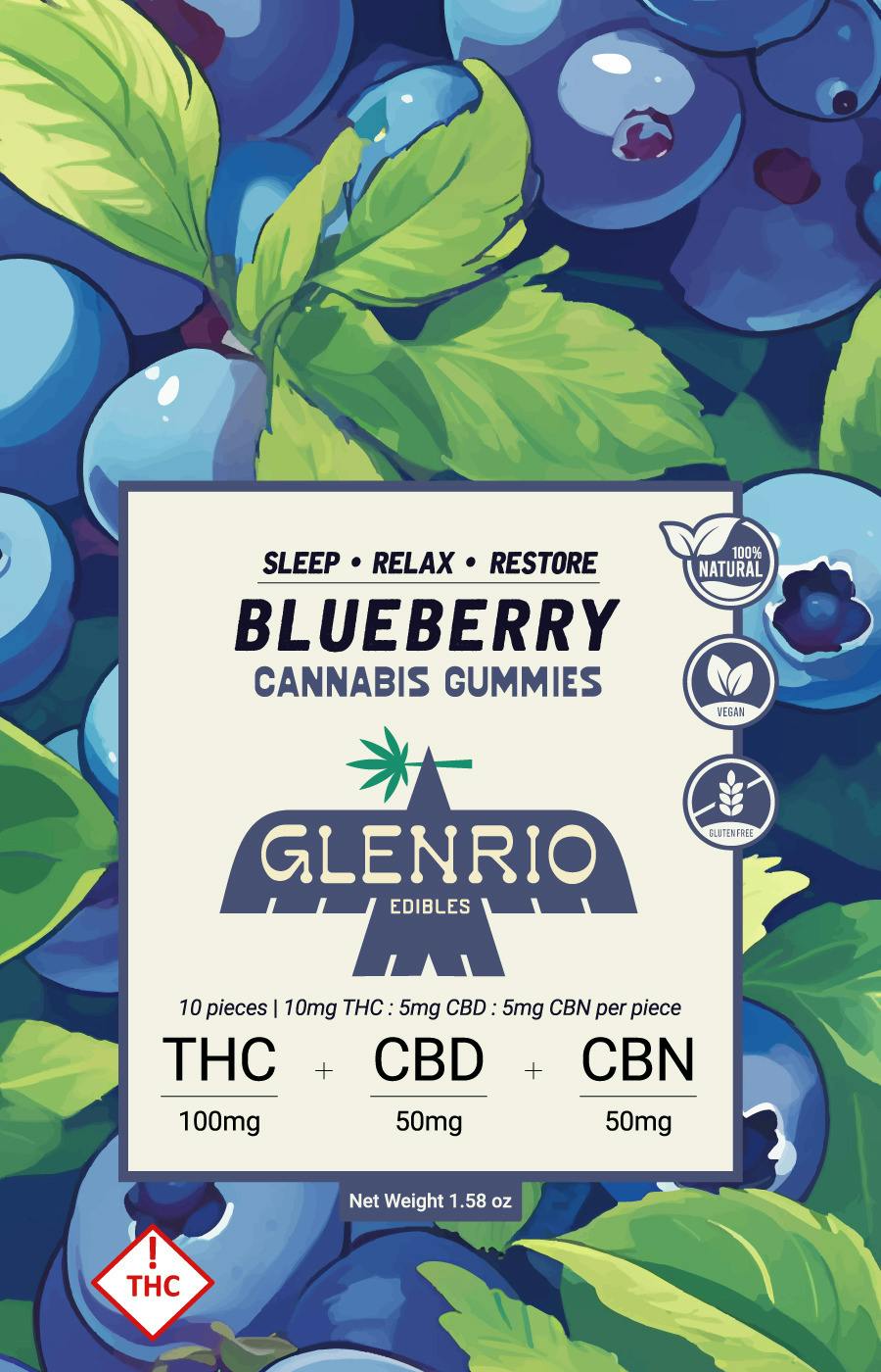 Glenrio 100mg Gummies | Blueberry ( 2:1:1 thc / cbd / cbn ) at Glenrio Smoke Stop