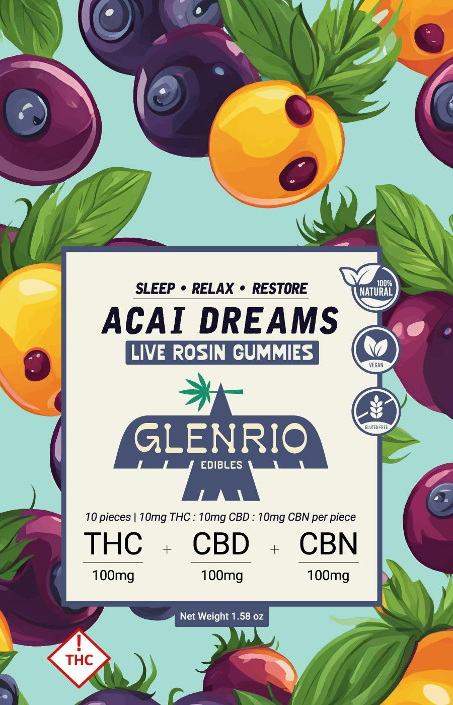 Glenrio 100mg Live Rosin Gummies | Acai Dream ( 1:1:1 thc / cbn / cbd ) at Glenrio Smoke Stop