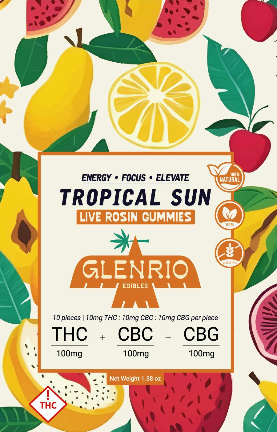 Glenrio 100mg Live Rosin Gummies | Tropical Sun ( 1:1:1 thc / cbc / cbg )