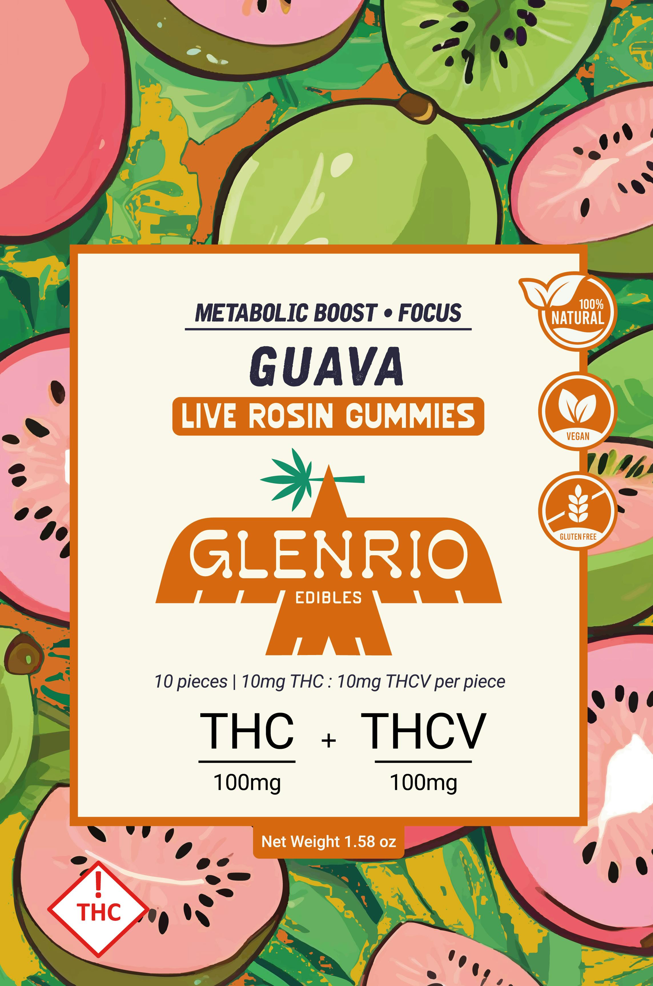 Glenrio 100mg Live Rosin Gummies | Guava ( 1:1 thc / thcv )