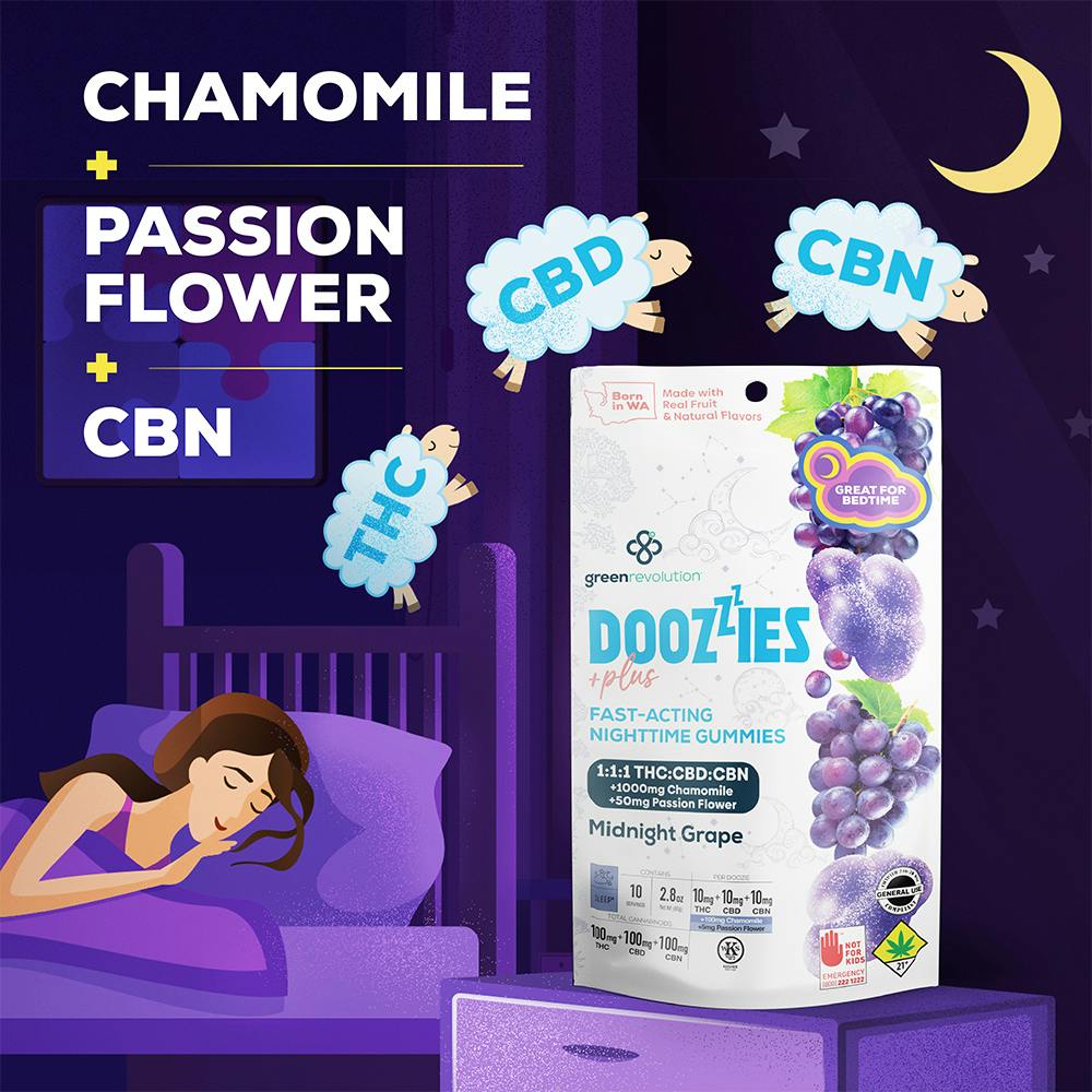 1:1:1 Midnight Grape w/ Passion Flower + Chamomile [10pk] (100mg THC/100mg CBN/100mg CBD/50mg Pas...