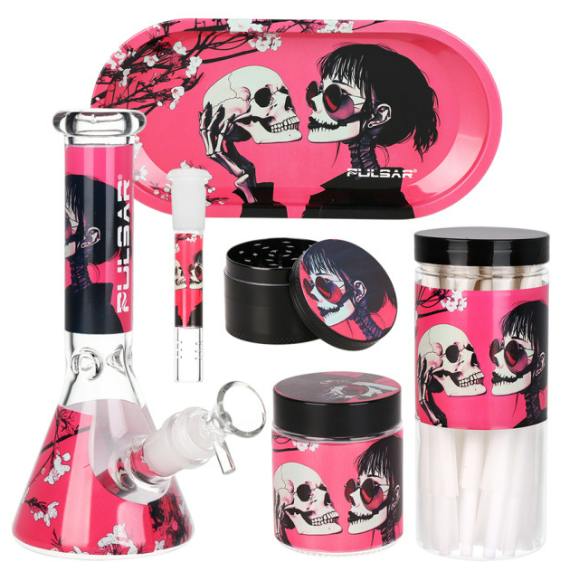 PULSAR - Design Series Beaker Water Pipe Smoker's Kit - 7.75" - Sakura Skulls