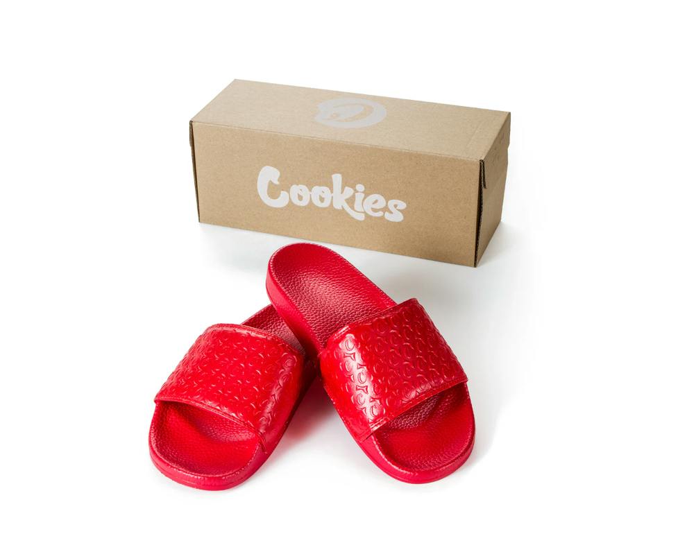 MONOGRAM EMBOSSED FAUX LEATHER SLIDES - RED - M8/W9.5
