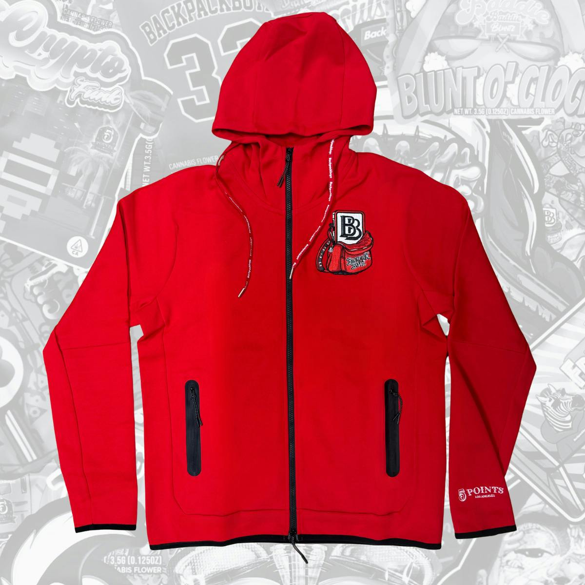 Backpack Boyz | Red BB Logo Tech Zip up Hoodie | Merch