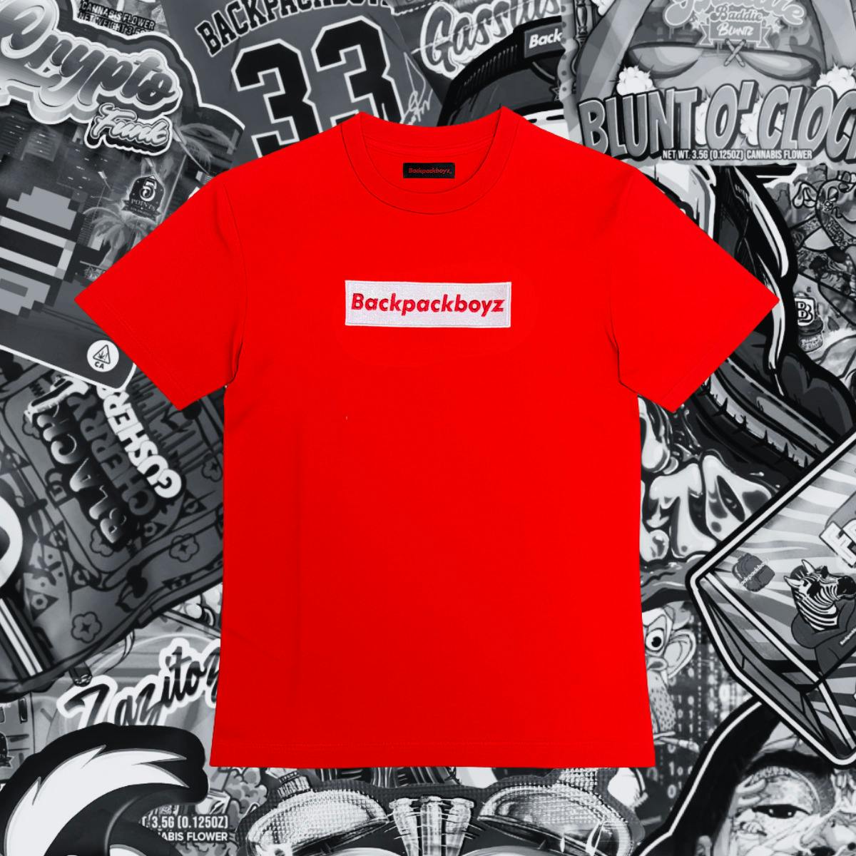 Backpack Boyz | Red white Box Logo Short Sleeve T-Shirt | Merch