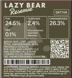 Sonoma Hills Farm - Lazy Bear Reserve 3.5G - 1 gram
