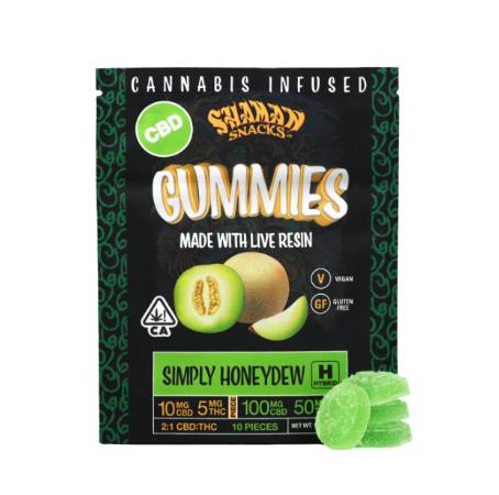 SHAMAN SNACKS - SIMPLY HONEYDEW 2THC:1CBD 100MG LIVE RESIN GUMMIES