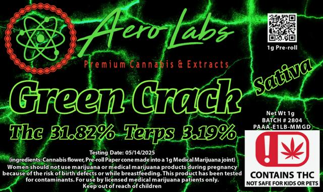 Aero Labs - 1g Full Flower Pre-Roll - Green Crack - Sativa