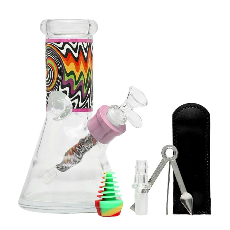 8" Squiggle Rainbow Pattern 6-in-1 Glass Bong Kit (Pink)