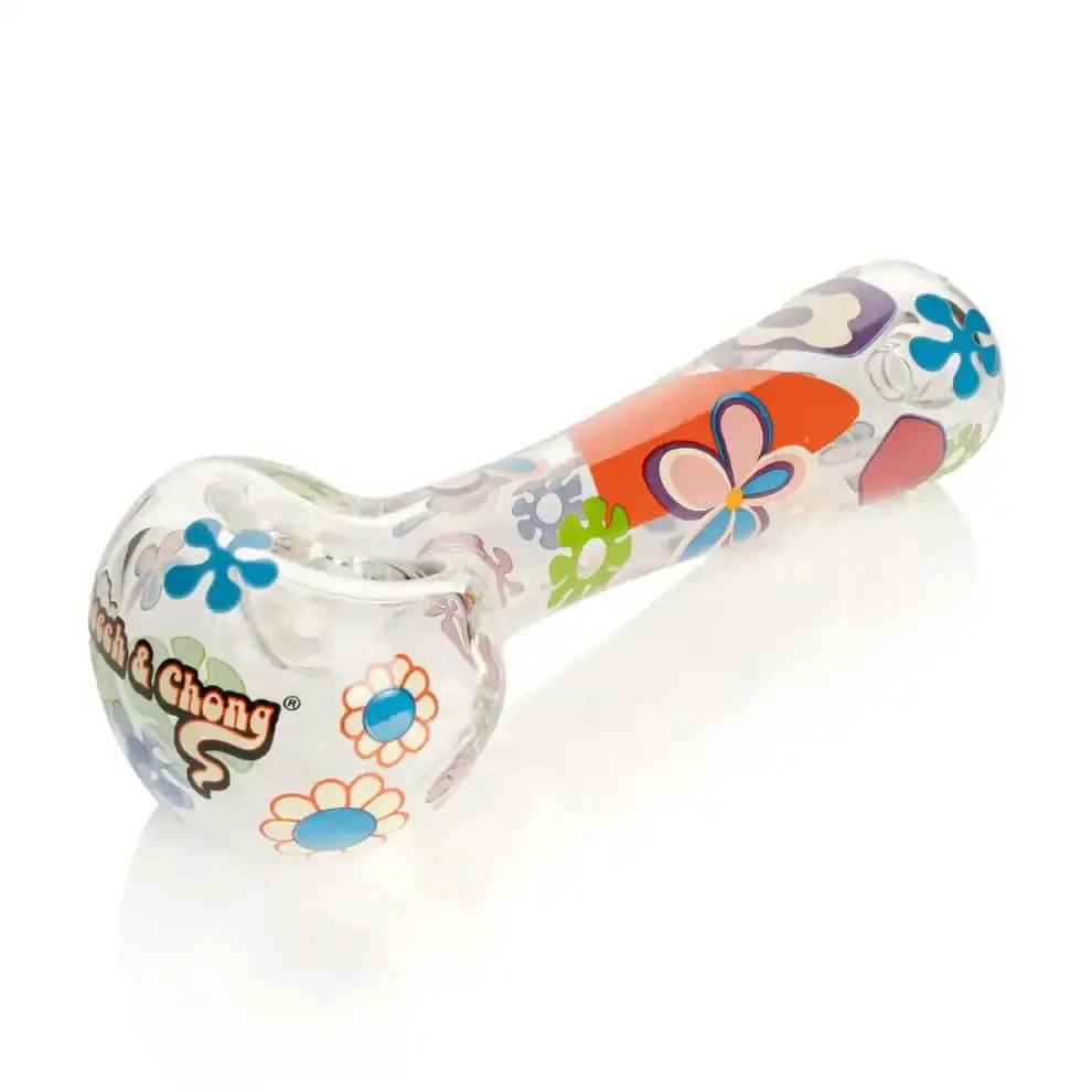 Cheech & Chong Glass 4.5" Clear Power To The Flower Spoon Hand Pipe W/Ash Catcher Mouthpiece