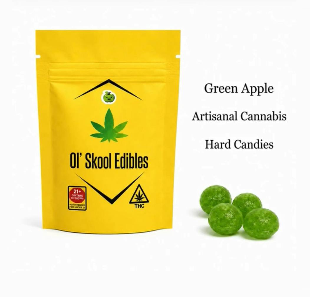 Ol' Skool Edibles- Packaged Green Apple Jolly Drops (live rosin infused) 5mg THC