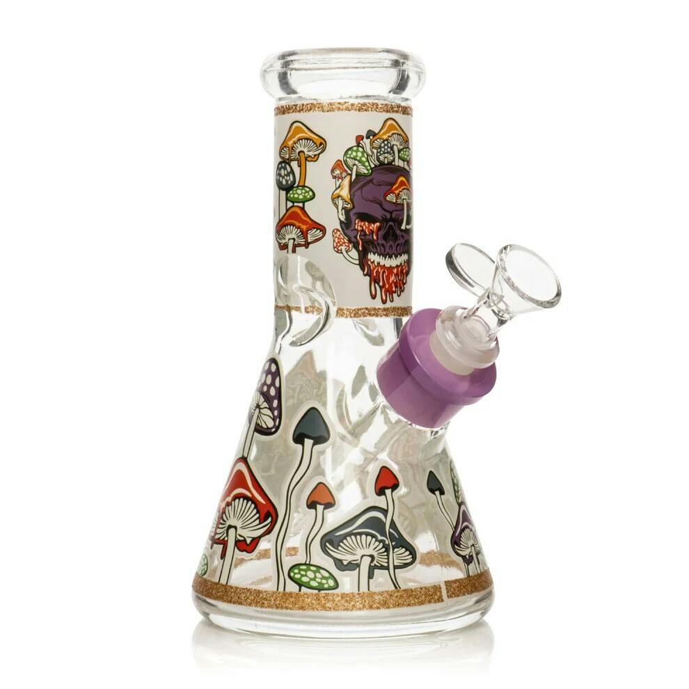 8" Tall Purple Glow-In-The-Dark Mushroom Skull Beaker Base Water Pipe