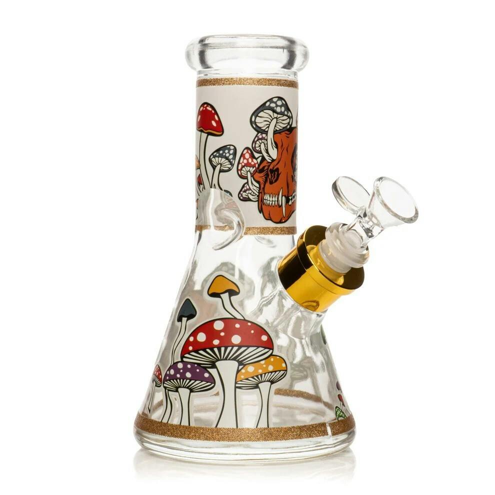 8" Tall Orange Glow-In-The-Dark Mushroom Skull Beaker Base Water Pipe