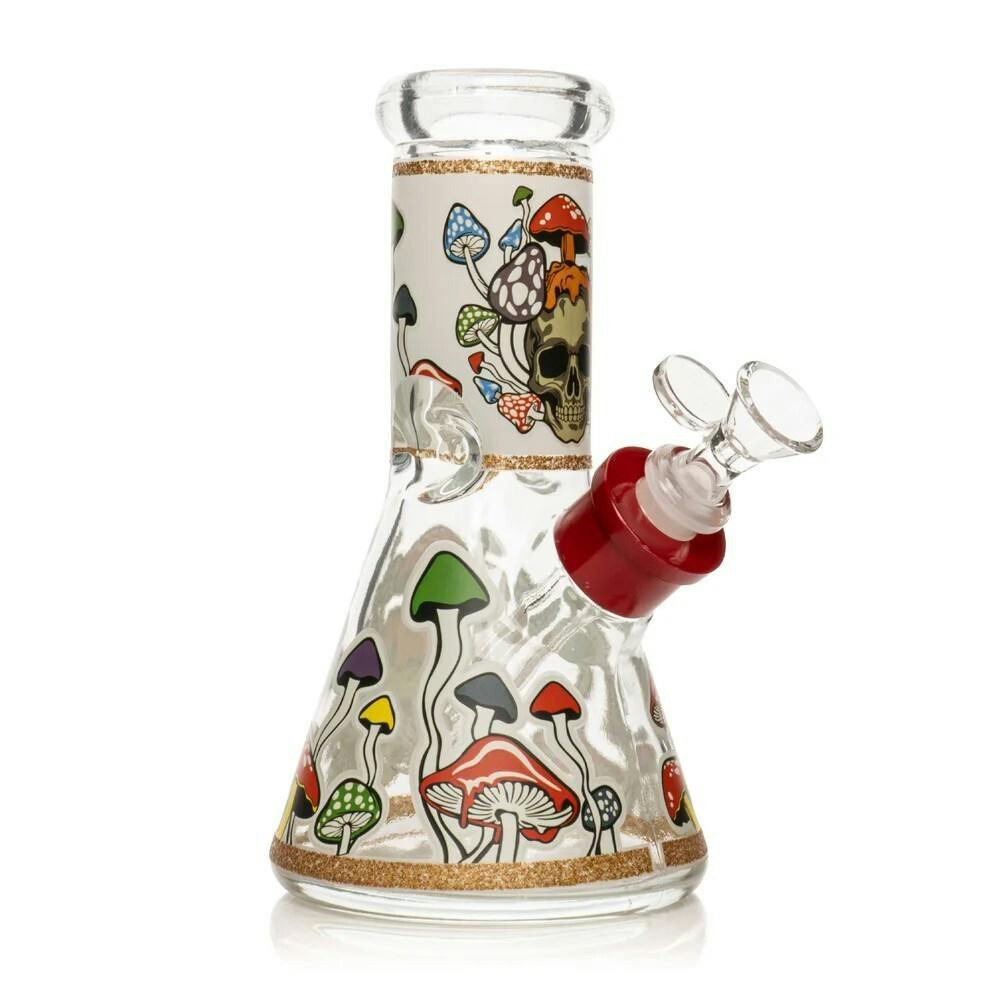 8" Tall Red Glow-In-The-Dark Mushroom Skull Beaker Base Water Pipe