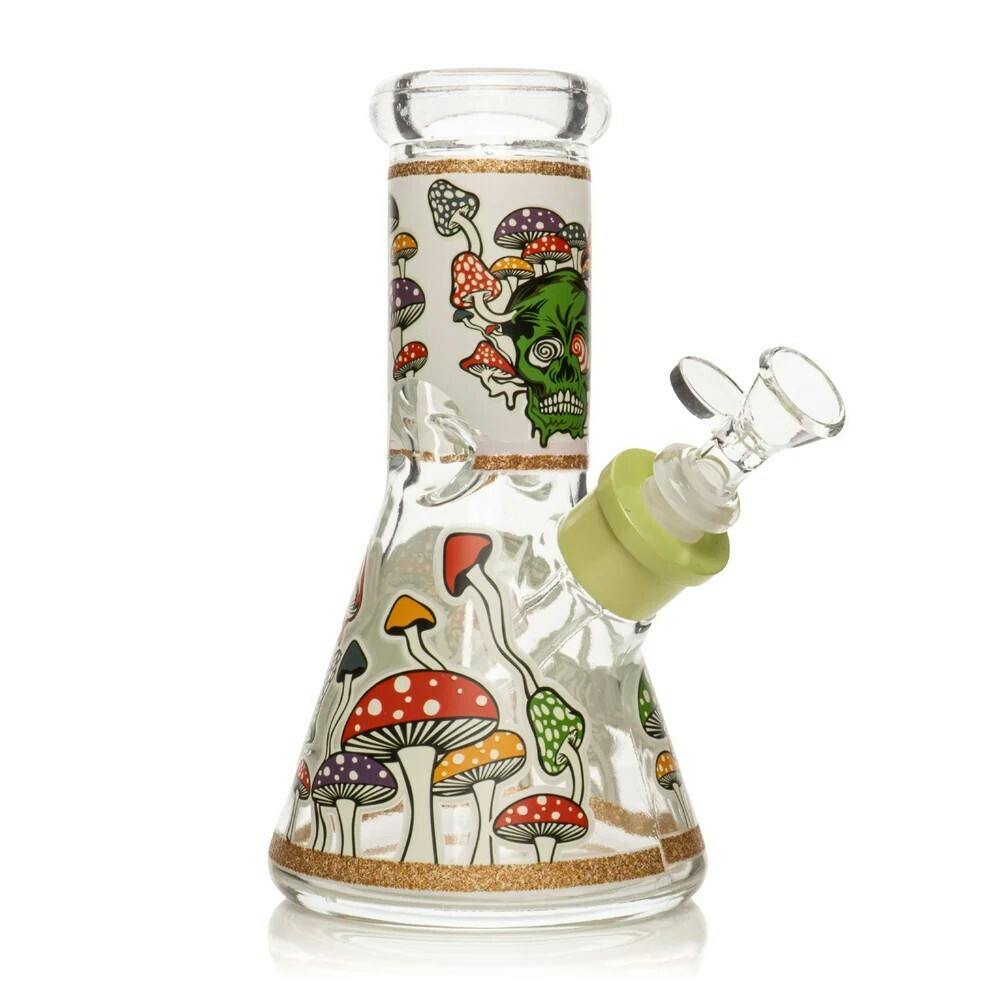 8" Tall Green Glow-In-The-Dark Mushroom Skull Beaker Base Water Pipe