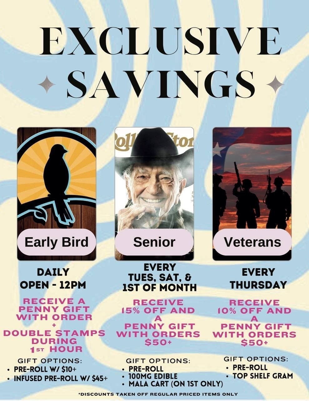 Wavey Specials! Early Bird,Veteran,Senior Discounts! at Waves Cannabis Co Medical Marijuana Dispensary