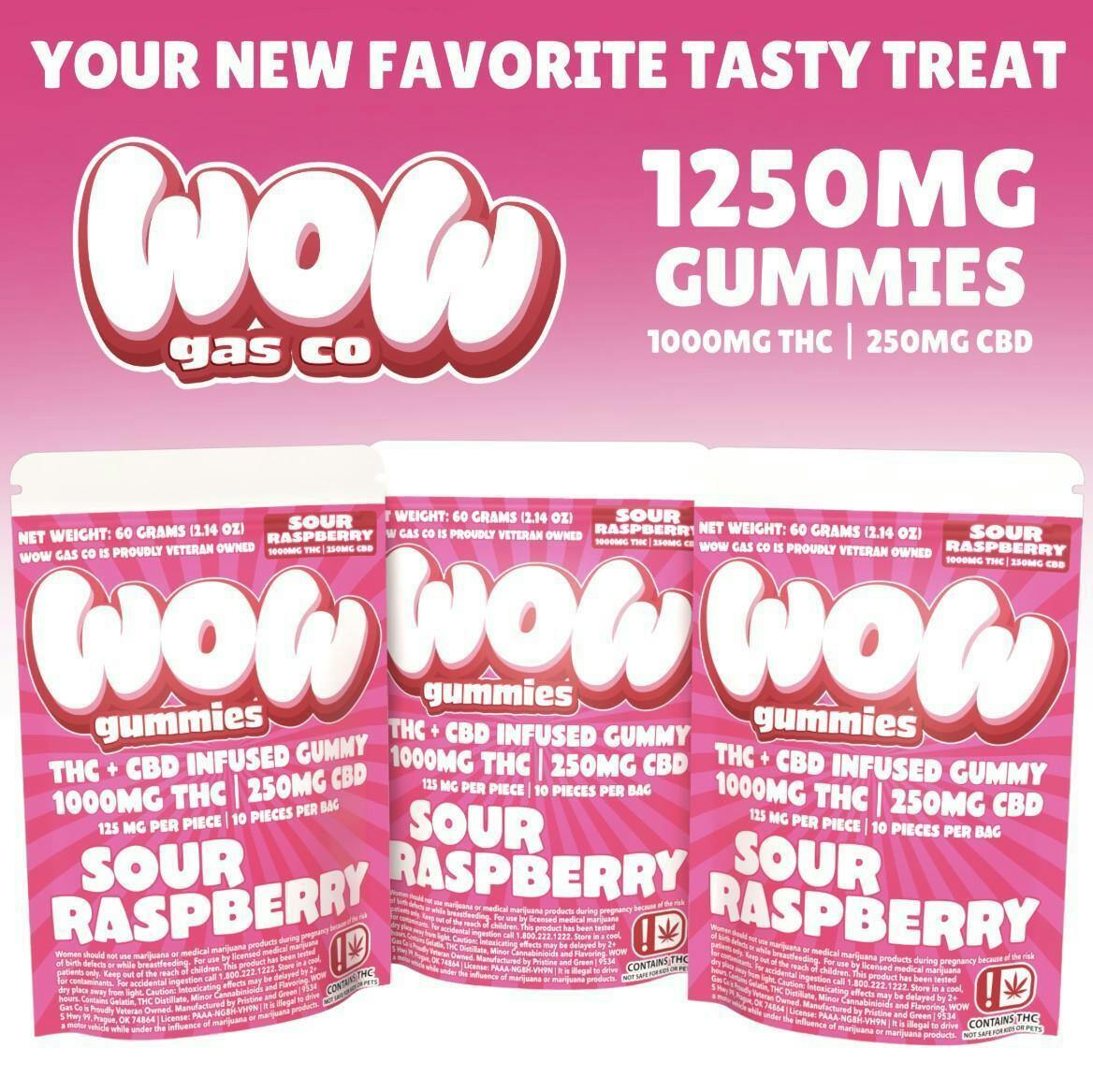 Sour Raspberry - WOW Gummies 1000mg THC 250mg CBD