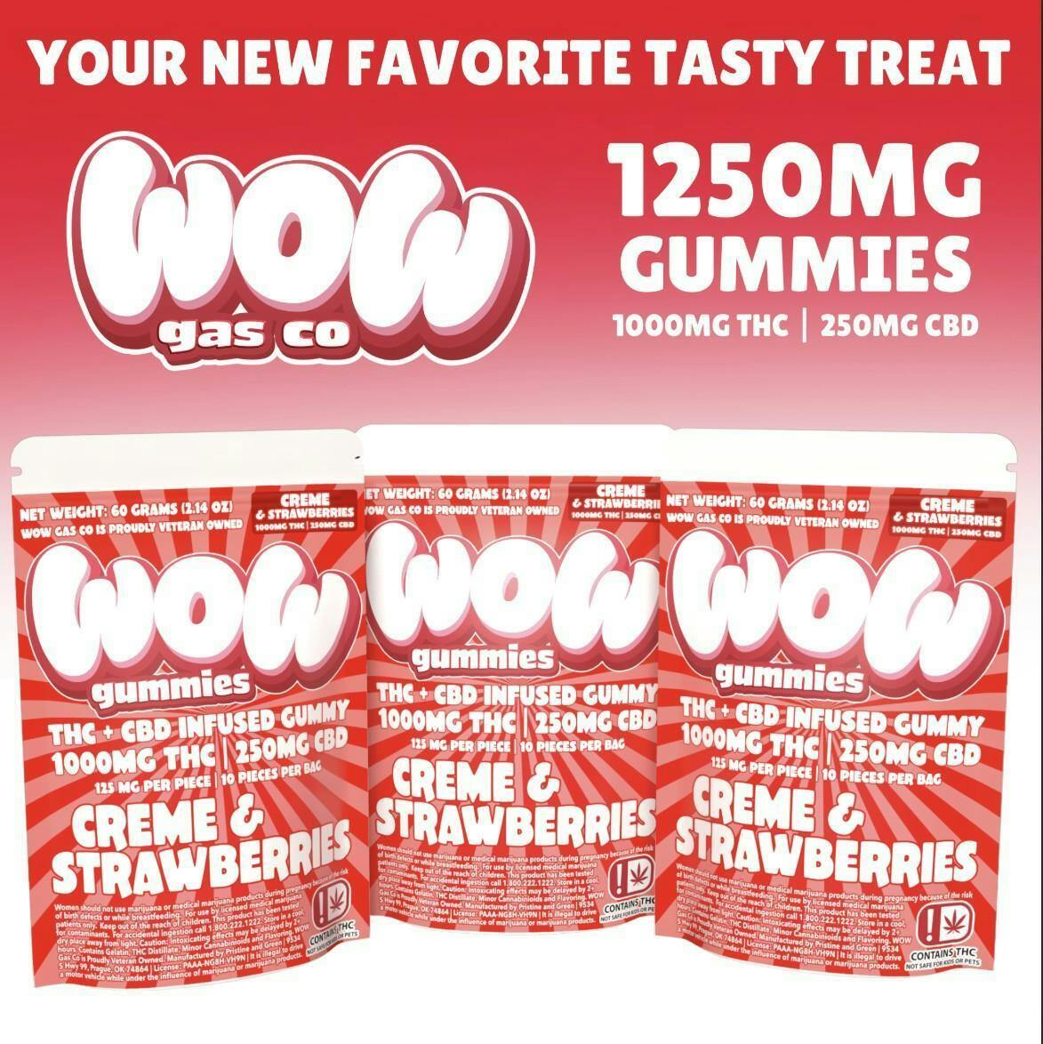 Creme & Strawberries - WOW Gummies 1000mg THC 250mg CBD