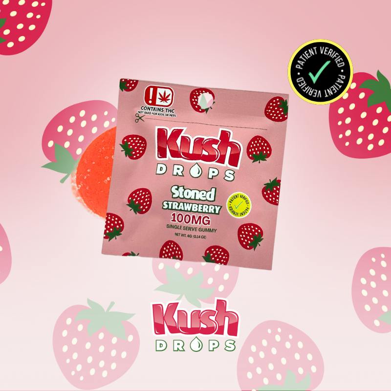 Stoned Strawberry 100mg Gummy- Kush Drops at Waves Cannabis Co Medical Marijuana Dispensary