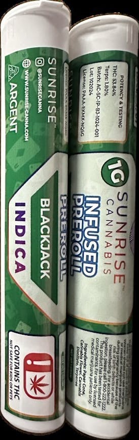 Sunrise Cannabis - Blackjack - 1g Infused Preroll