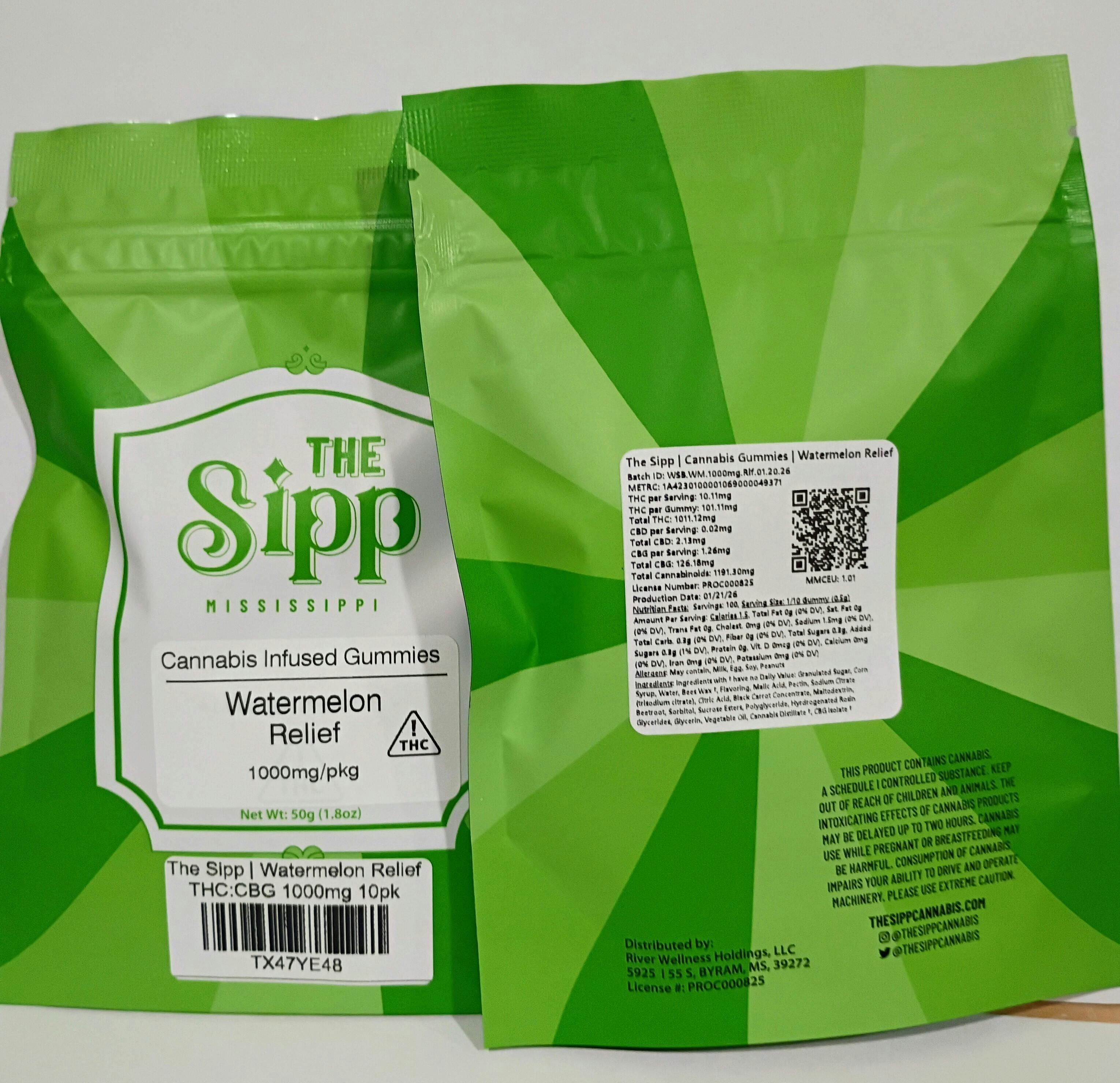The Sipp | Watermelon Relief THC:CBG 1000mg 10pk