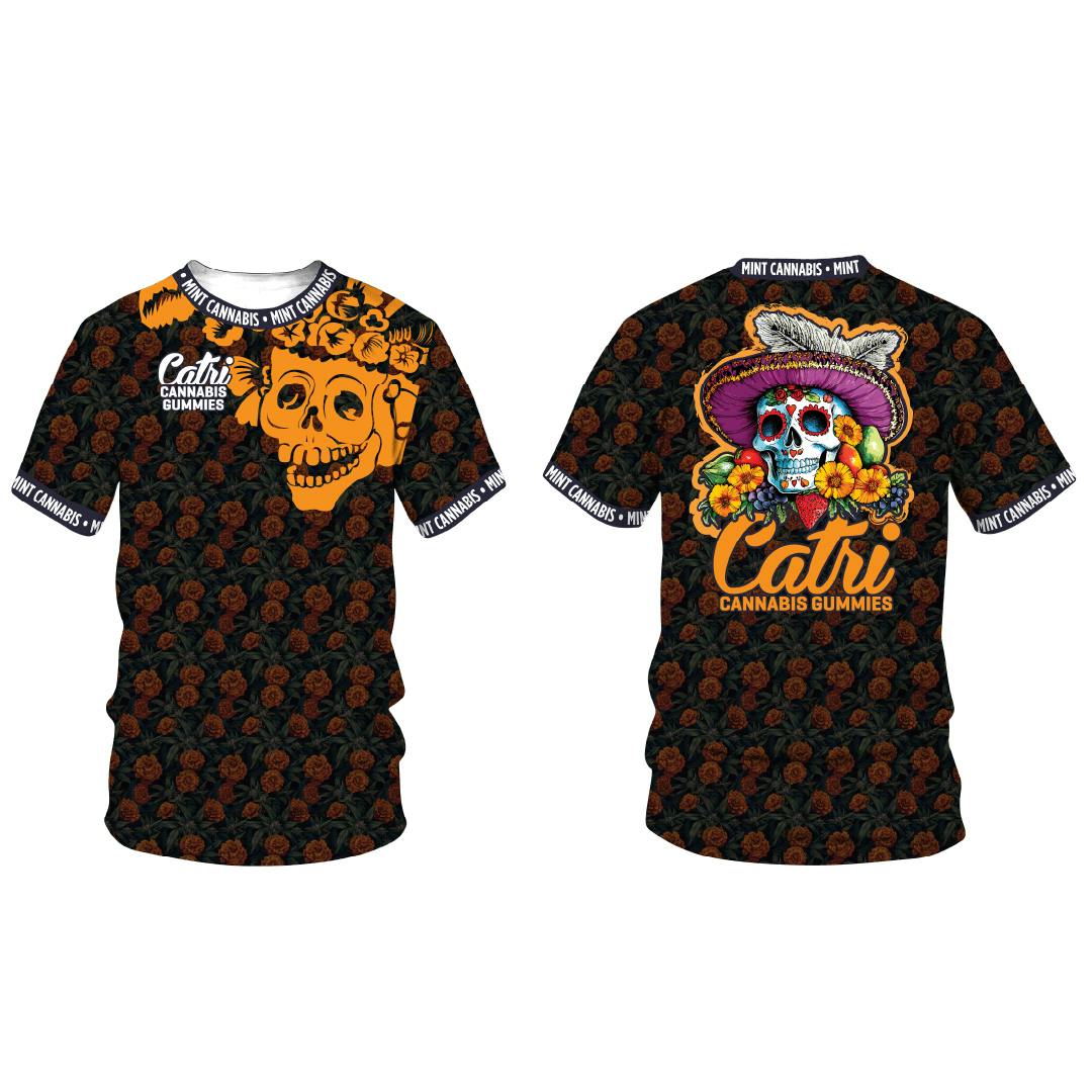 Mint Cannabis x Catri - Sublimation Tshirt - Sugar Skull (Gray/Orange) at Mint Cannabis - St Augustine