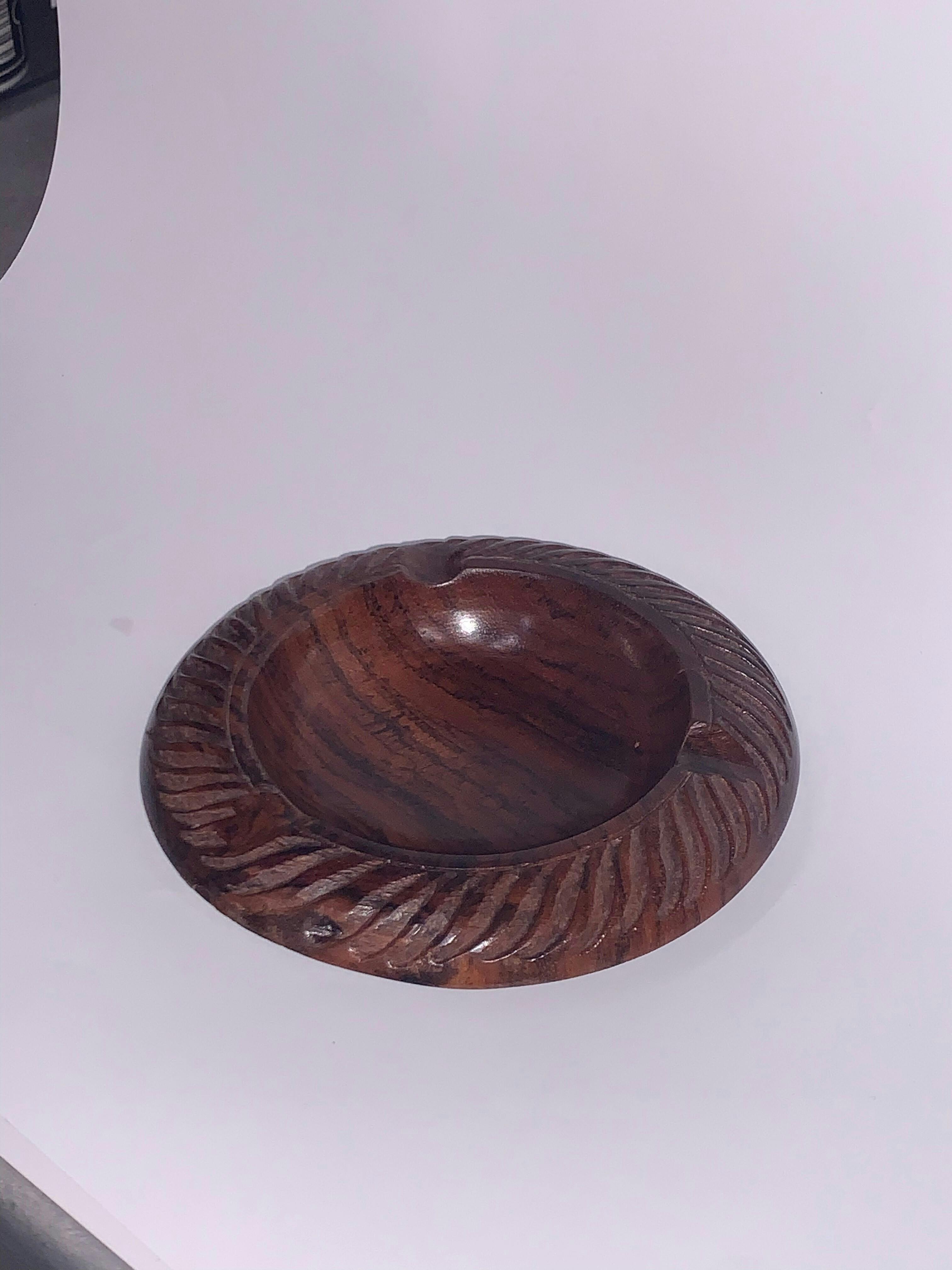 Hand Carved Wood Round Ashtray