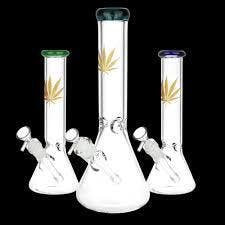 Gold Hemp Leaf - Glass Beaker Bong - 10" - 14mm F