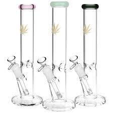 Gold Hemp Leaf - Straight Tube Water Pipe - 12" / 14mm F