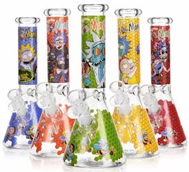Rick and Morty Beaker Bong 14mm Glass on Glass, 9.8" Height Assorted Colours