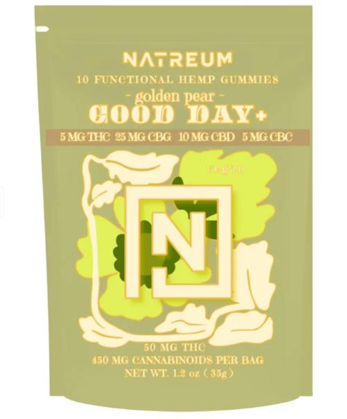 Natreum | Good Day+ Golden Pear Gummies | 5mg THC:25mg CBG:10mg CBD:5mg CBC