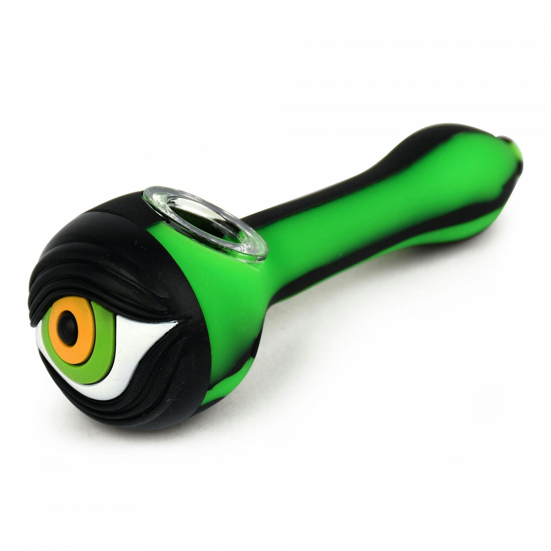 Fun Hand Pipes - 4.75'' Green & Black Eyeball — Silicone W/Glass Bowl