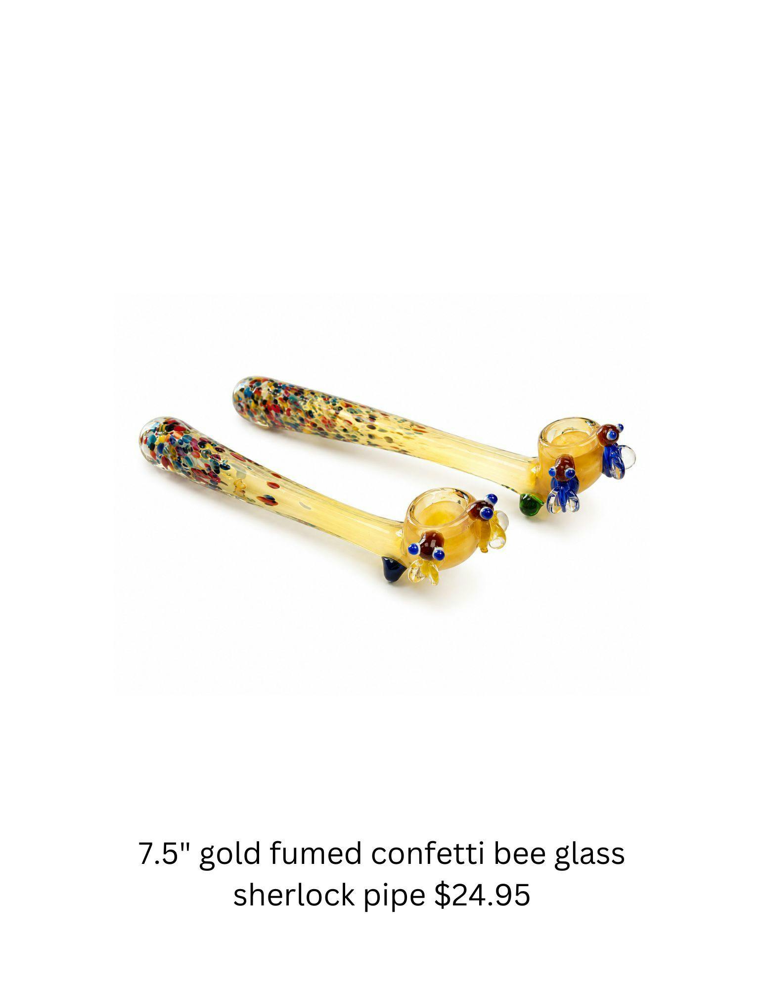 7.5" Gold Fumed Confetti Bee Glass Sherlock Pipe