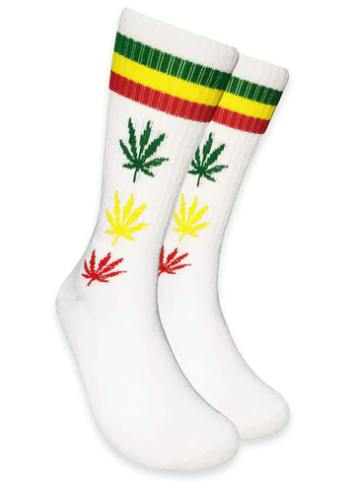 Mad Toro Socks - White with Rasta Leaves and Stripes