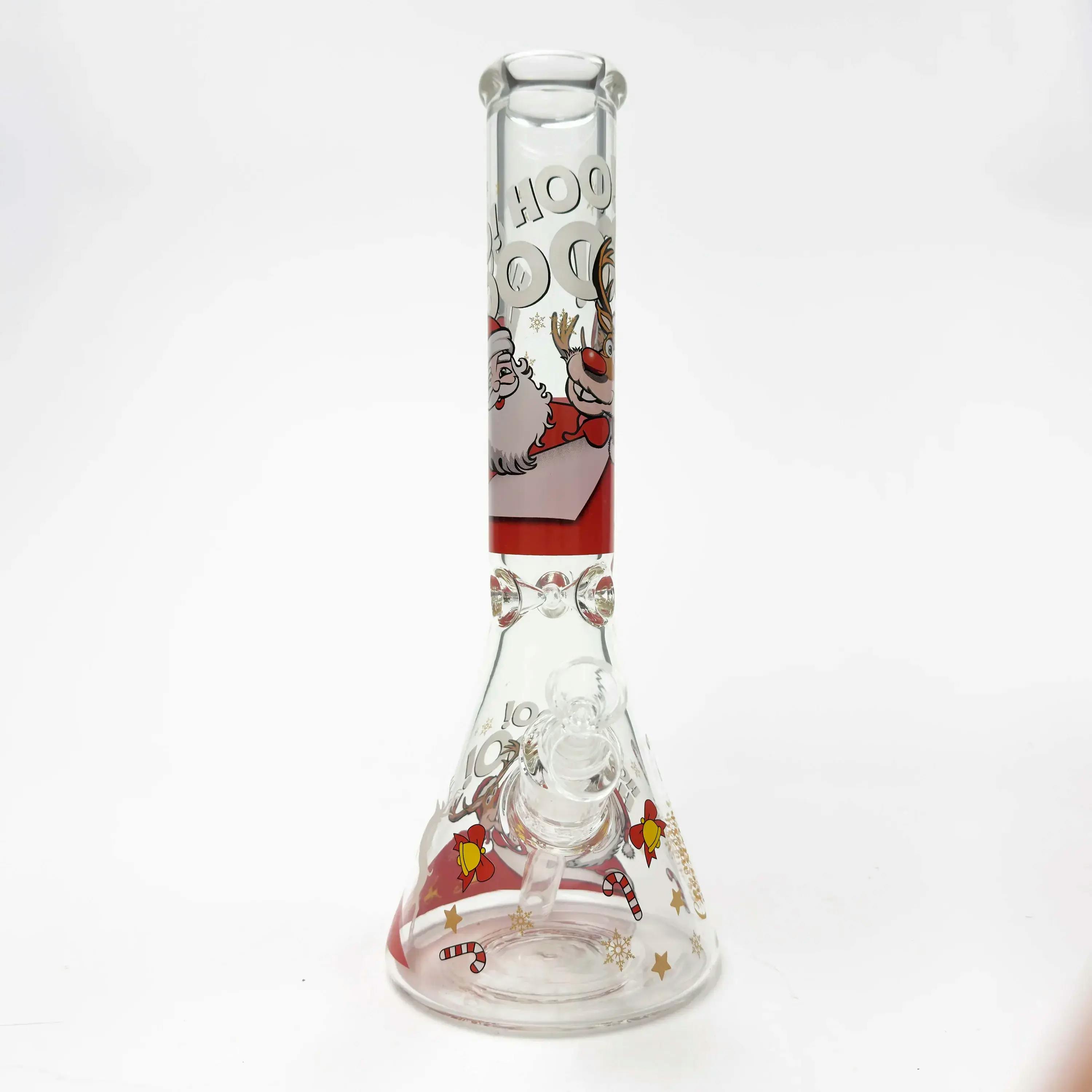 14" Holiday Series 7mm Thick Glass Water Bong Glow in the Dark JOLLY REINDEER SANTA
