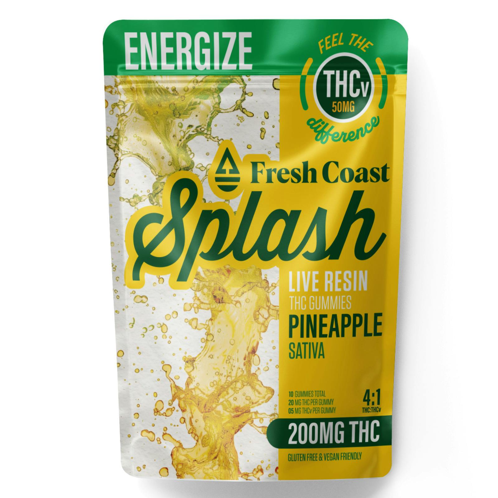 Splash | Pineapple 4:1 ENERGIZE | THC:THCv Live Resin Gummies | 200mg