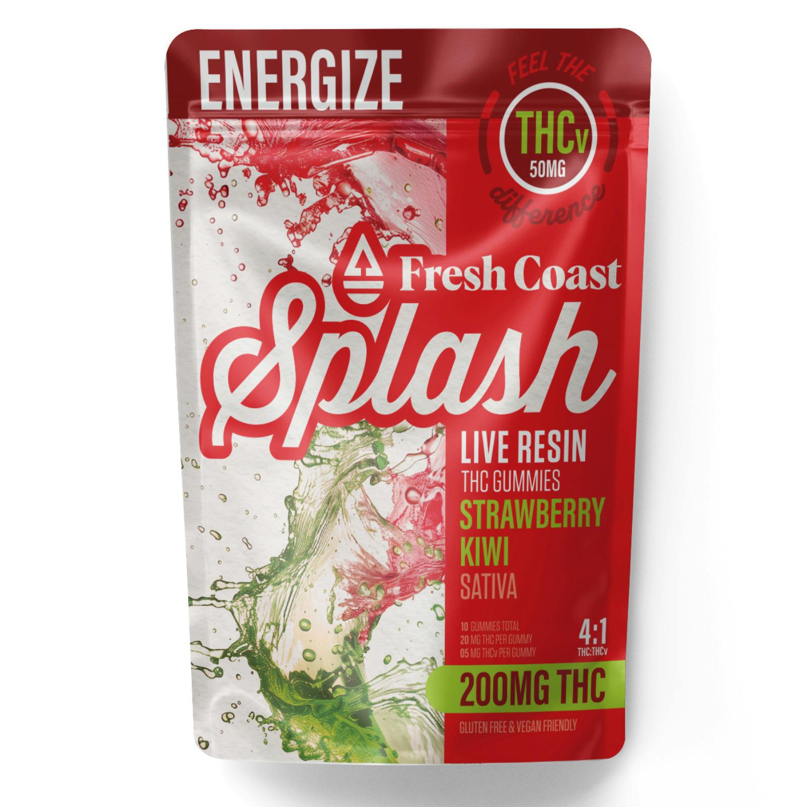 Splash | Strawberry Kiwi 4:1 ENERGIZE | THC:THCv Live Resin Gummies | 200mg