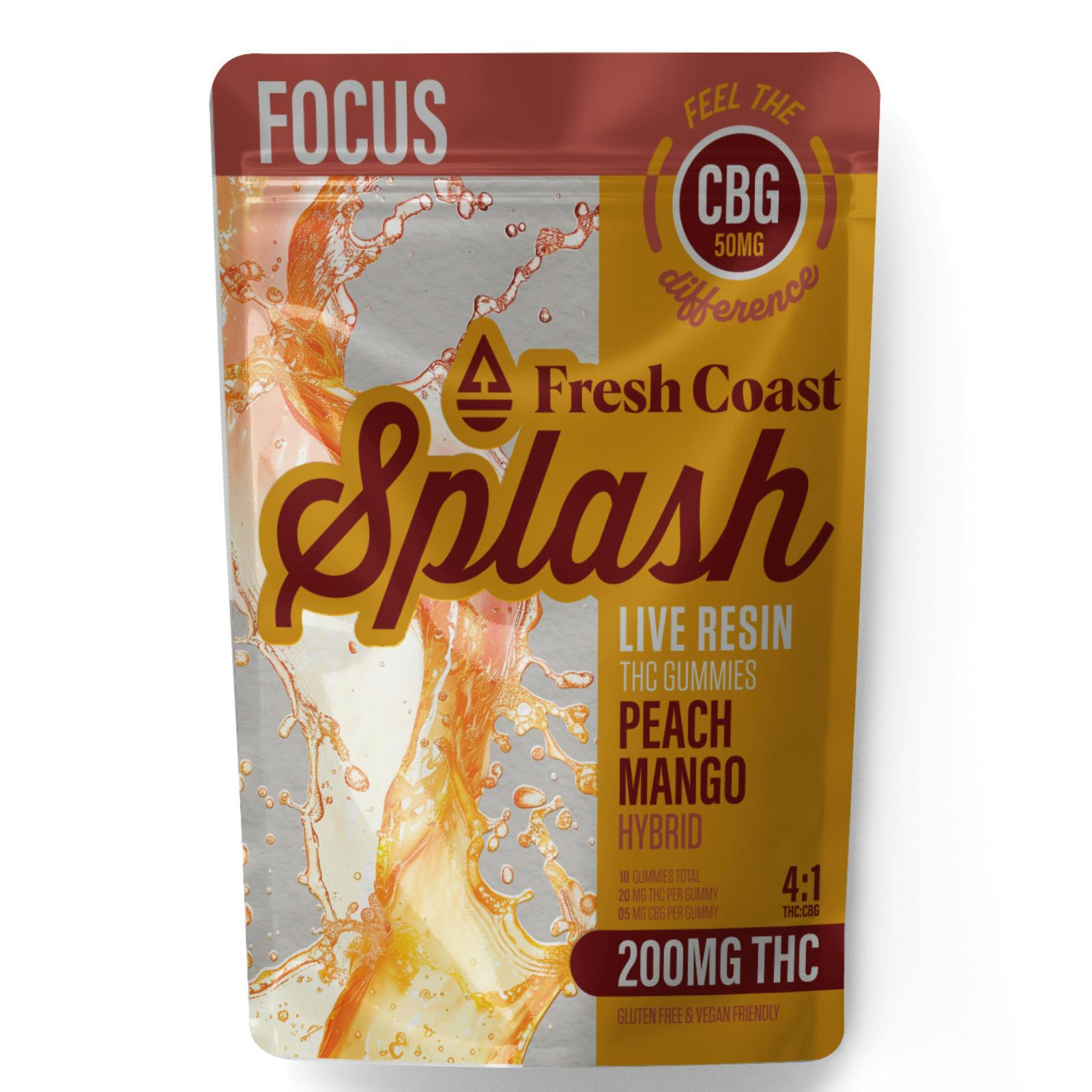Splash | Peach Mango 4:1 FOCUS | THC:CBG Live Resin Gummies | 200mg