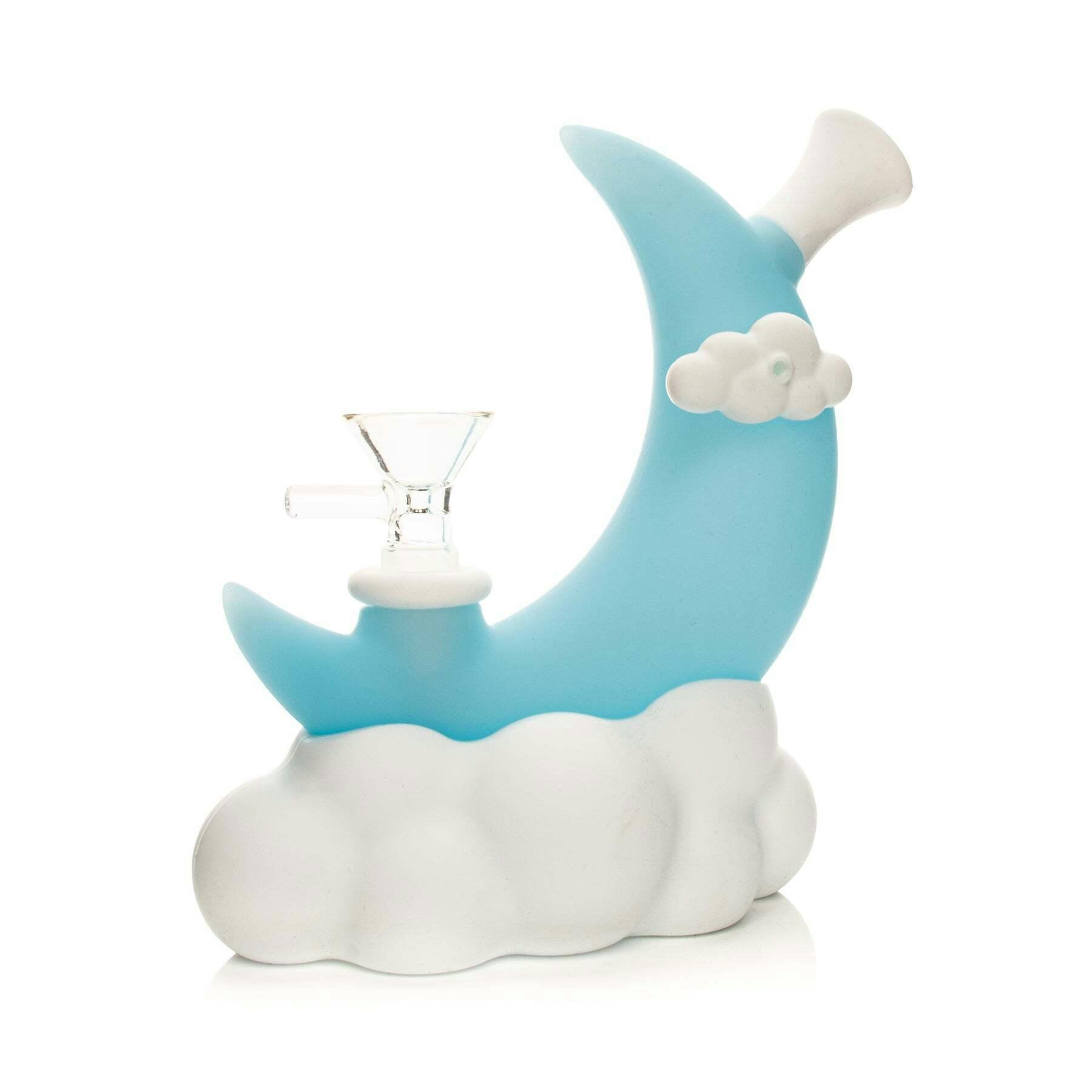 LIT Silicone 6.5" Tall Blue Glow-In-The-Dark Moon Water Pipe W/Glass Pull-Out