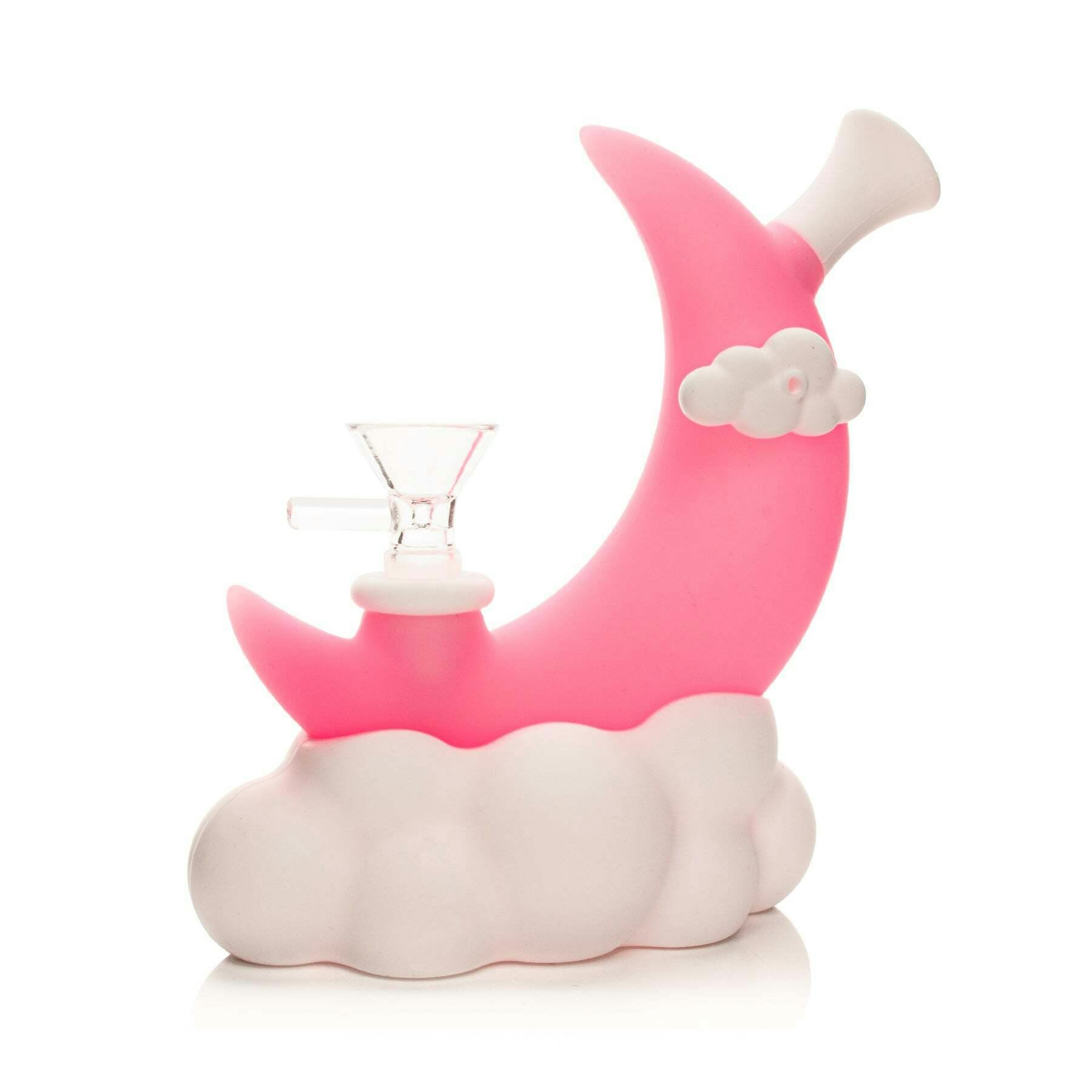 LIT Silicone 6.5" Tall Pink Glow-In-The-Dark Moon Water Pipe W/Glass Pull-Out