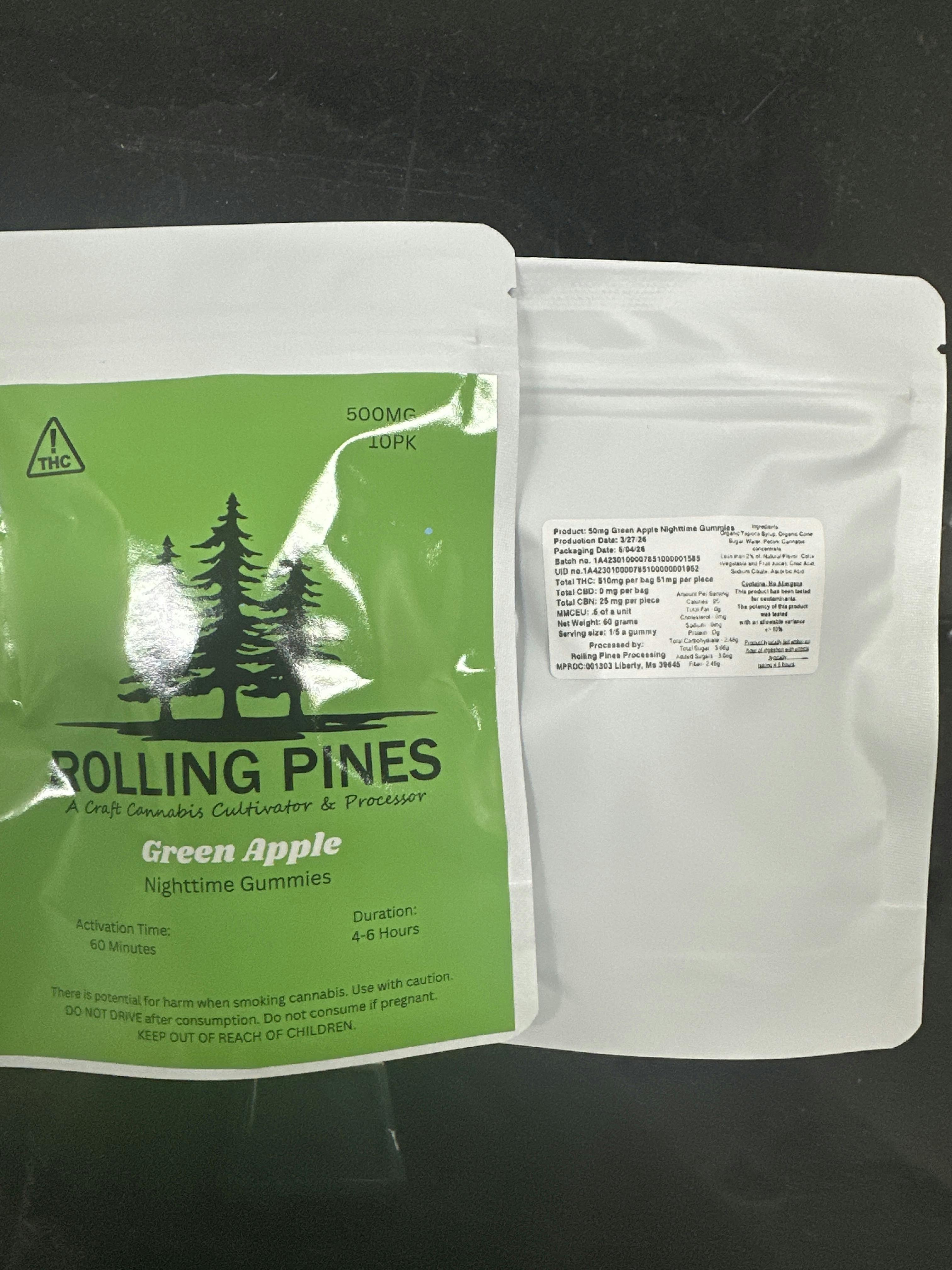 Green Apple Nightime Gummies 500MG | 10pk 50mg | Rolling Pines