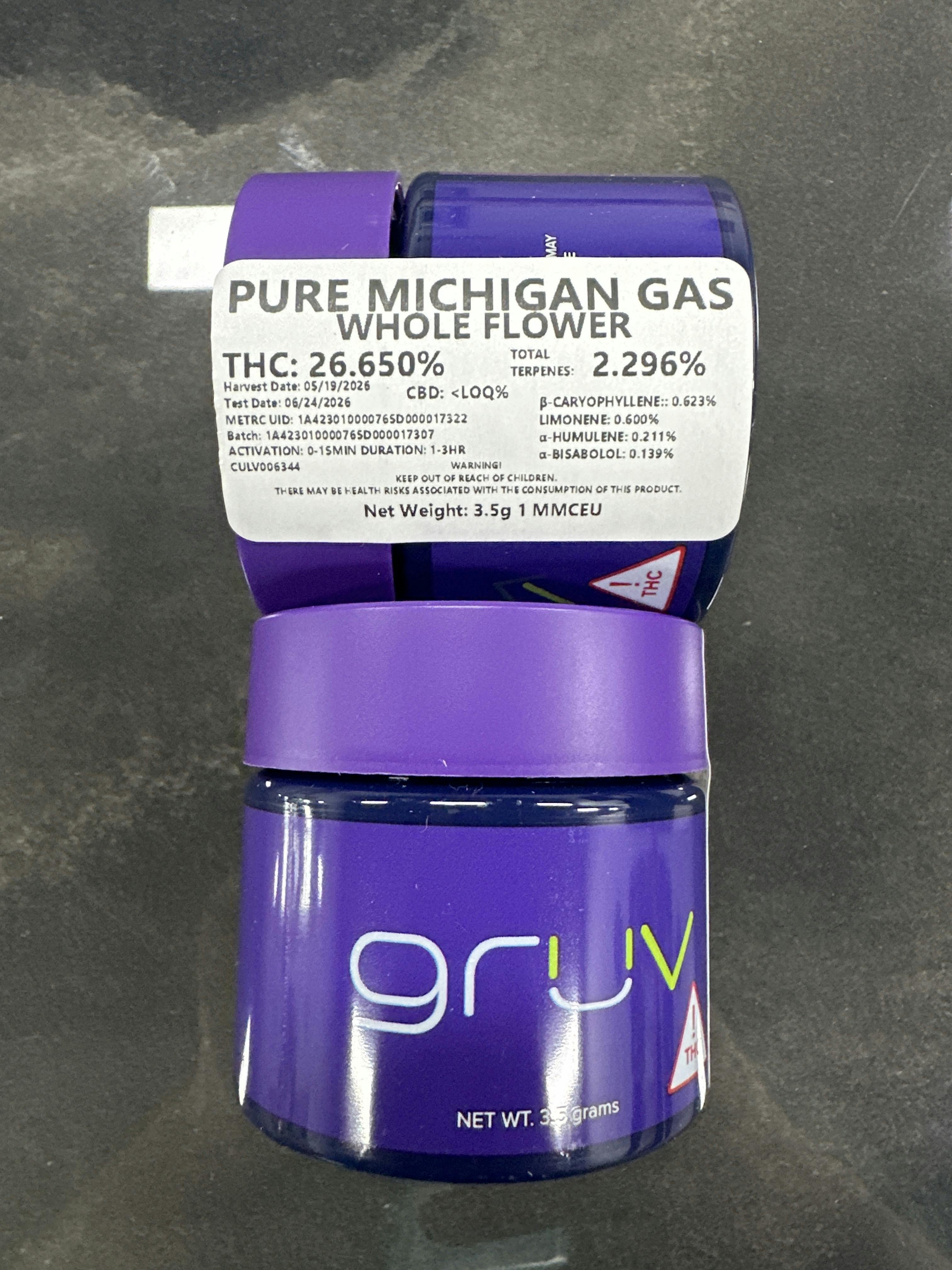 Pure Michigan Gas 26.65% | 2.29% | 3.5g Flower | GruV