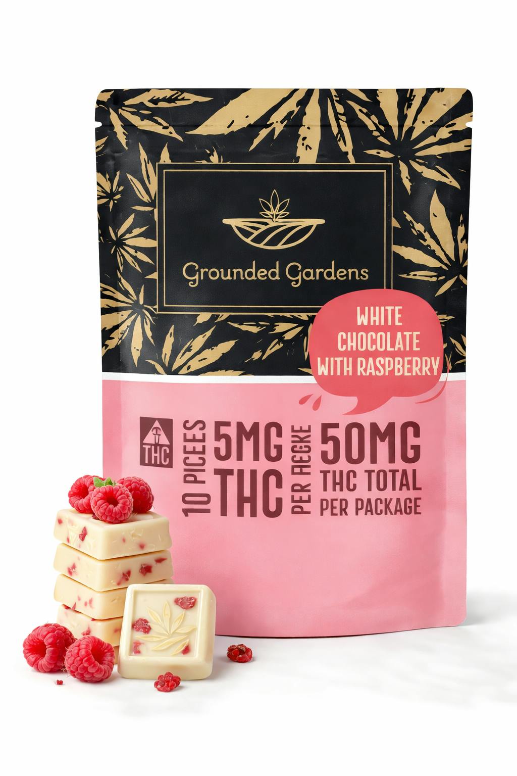 Raspberry White Chocolate Bar 50mg I 10pc I Grounded Gardens I 1ct at Grounded Gardens